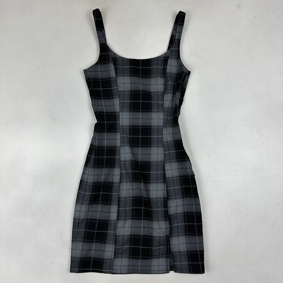 H&M Divided Black Gray Plaid Tank Dress Thick Straps Side Zip Stretch Slit XXS - Picture 2 of 8